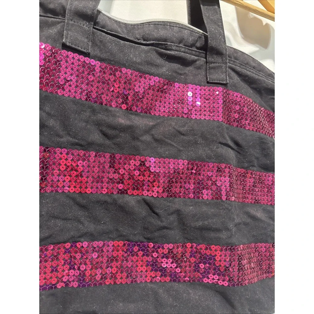 Victoria's Secret Black With Pink Sequin XL Tote Stripe Limited Edition Top Zip